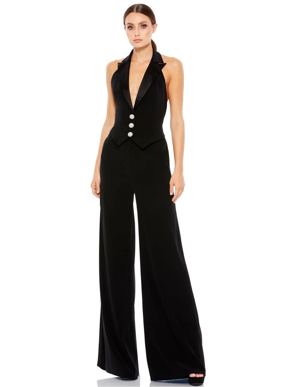 NWT Ieena Mac Duggal 2643 Jet Black Halter Tuxedo Jumpsuit Rhinestone Size 2